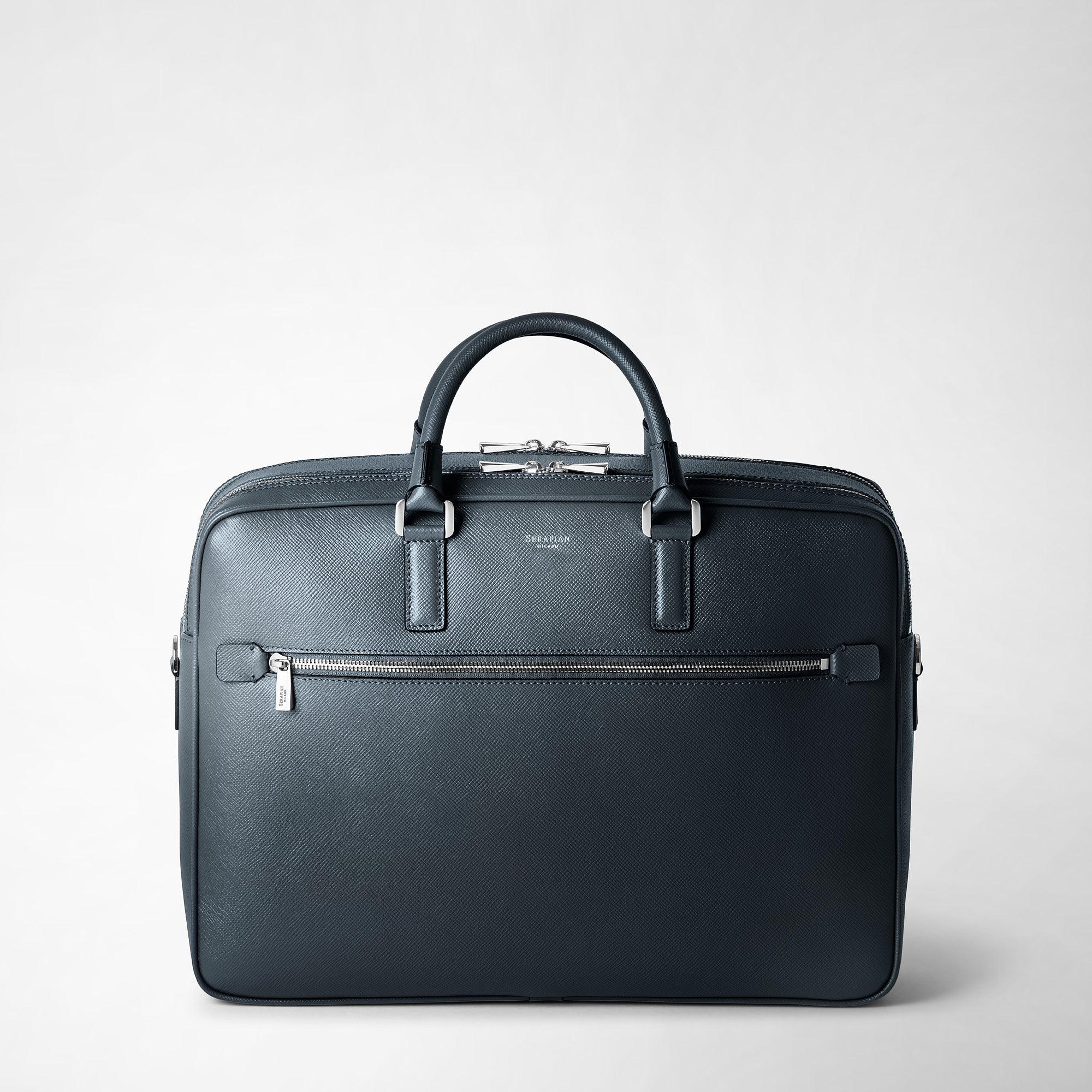 Double gusset briefcase evoluzione leather navy blue – Serapian 