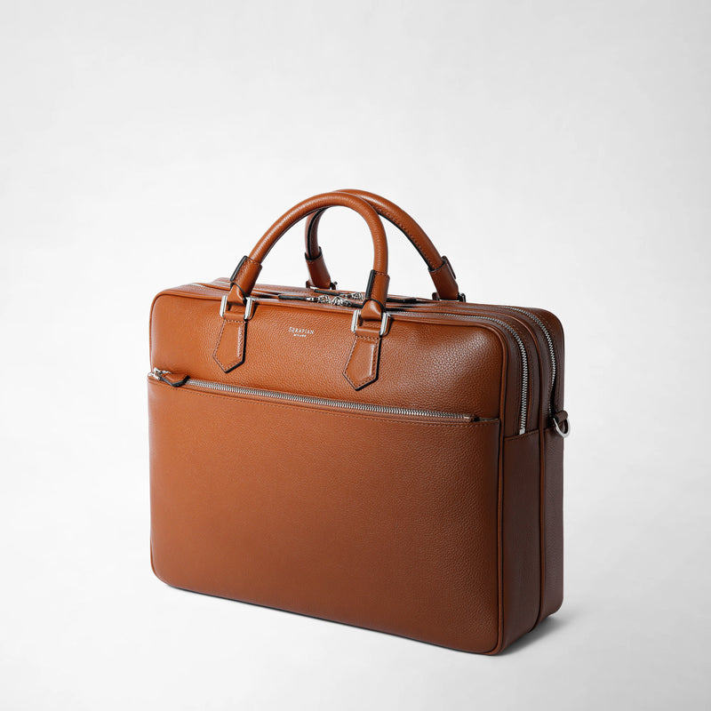 Large briefcase in cachemire leather - tobacco