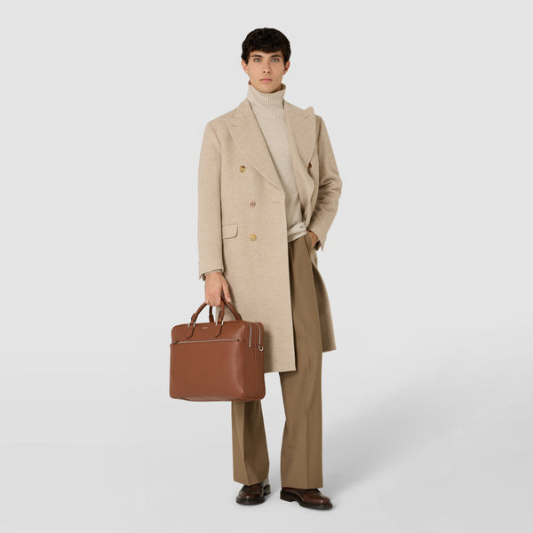 Large briefcase in cachemire leather - tobacco