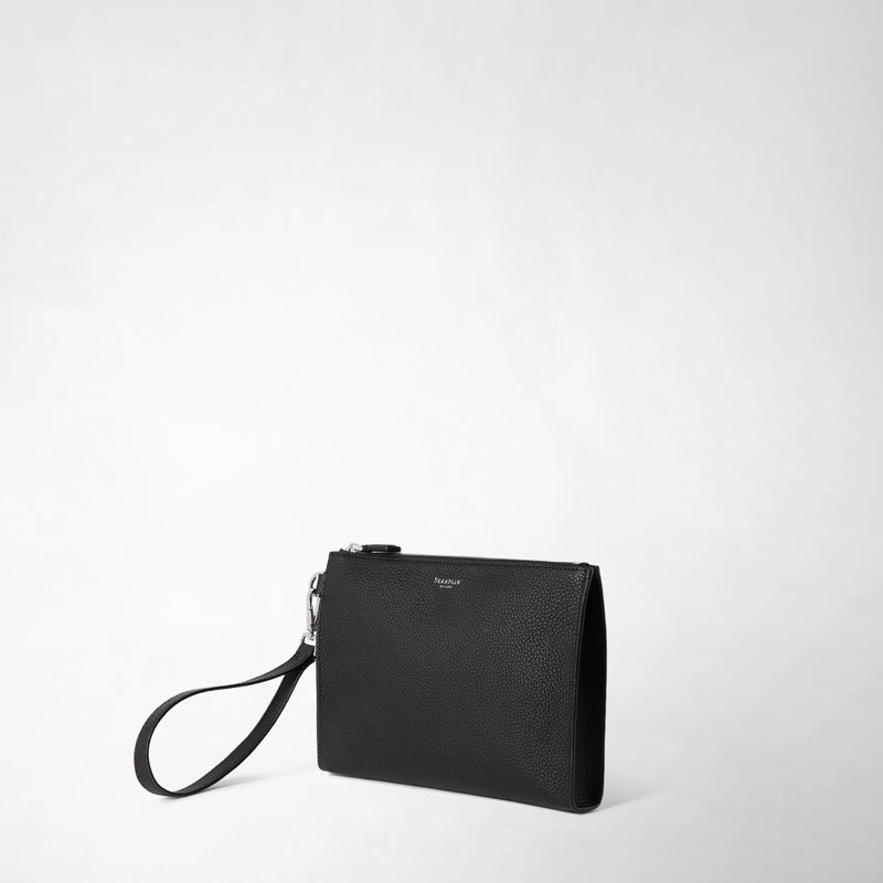 Pouch with zip in cachemire leather - black