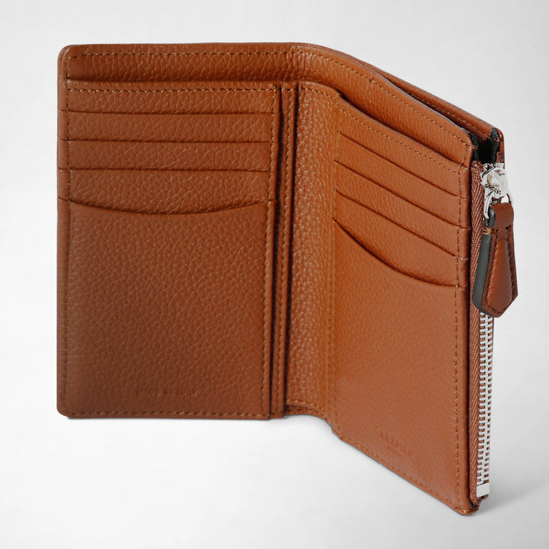 Vertical billfold with zip in cachemire leather - tobacco