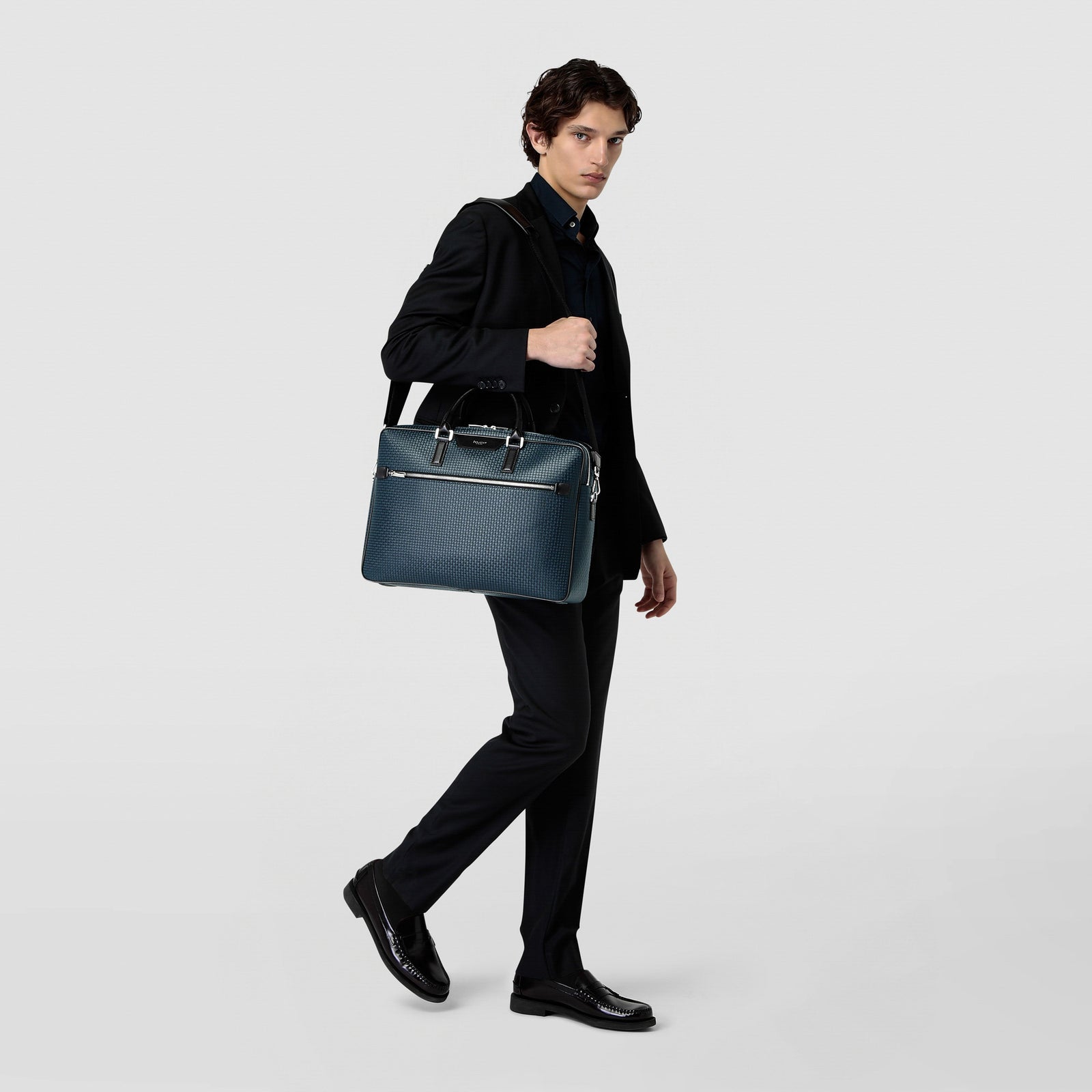 Double gusset briefcase in stepan ocean blue-black – Serapian Boutique  Online