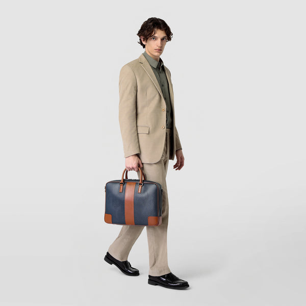 Slim briefcase in stepan 72 - ocean blue/cuoio