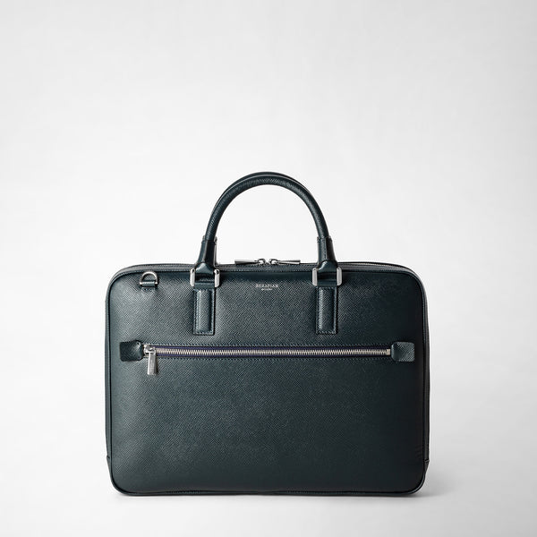 Extra slim briefcase in evoluzione leather navy blue – Serapian 