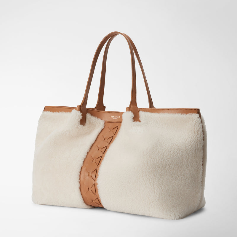 Secret tote bag in shearling - off white/caramel