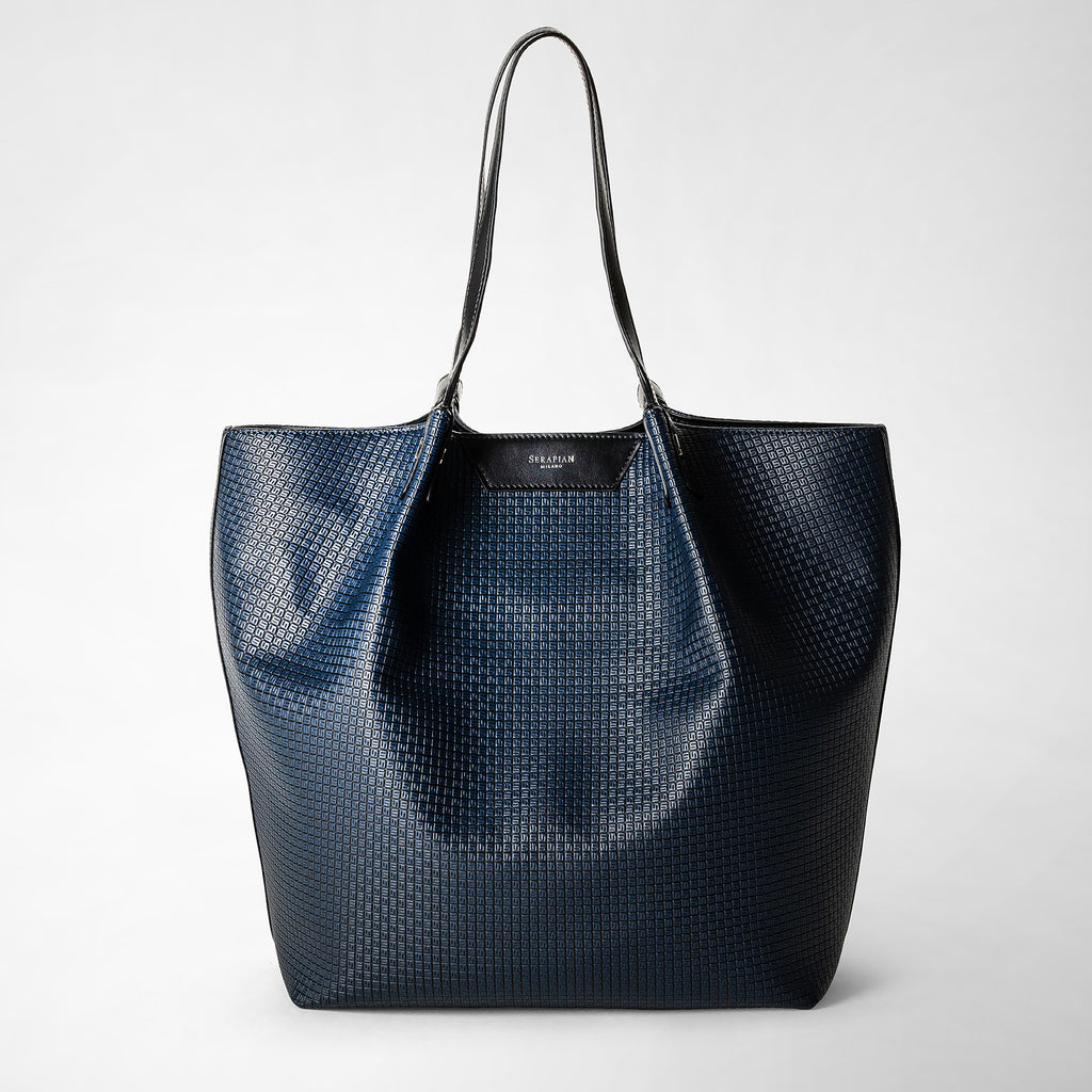 Vertical secret tote bag in stepan ocean blue black – Serapian 