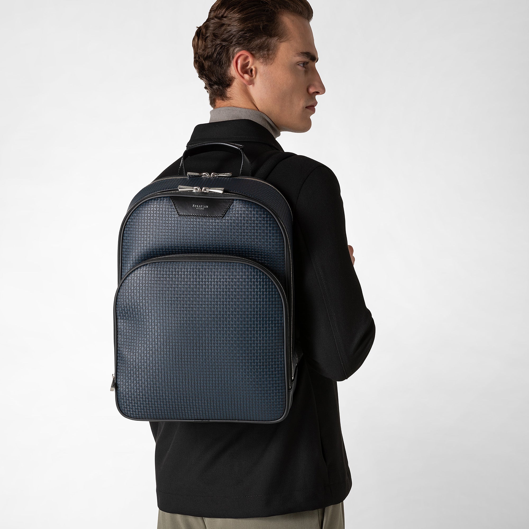 City backpack in stepan ocean blue and black – Serapian Boutique 